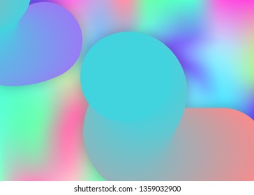 Fluid dynamic. Vivid gradient mesh. Circle card, cover layout. Holographic 3d backdrop with modern trendy blend. Fluid dynamic background with liquid shapes and elements.
