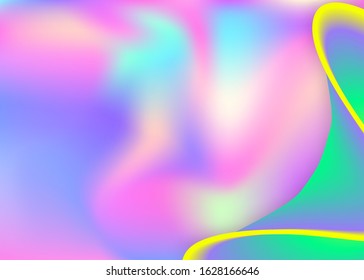 Fluid dynamic. Vivid gradient mesh. Circle banner, cover design. Holographic 3d backdrop with modern trendy blend. Fluid dynamic background with liquid shapes and elements.