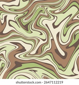 A fluid, earthy abstract design with organic swirls in greens, browns, and beige, reminiscent of camouflage, nature, or psychedelic art. 