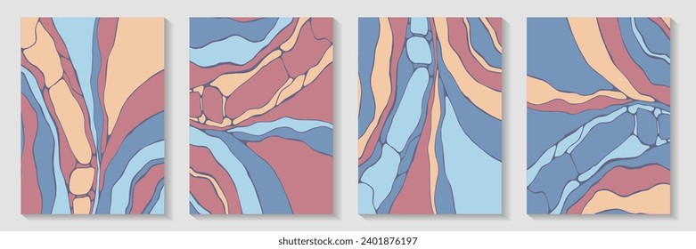 Fluid ebru texture backdrop design vector set. Trendy banners. Fluidity textured book cover page templates. Epoxy vaporwave collage. Futuristic kintsugi psychedelic backgrounds.