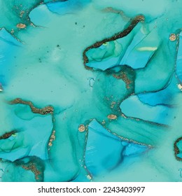 Patrón elegante fluido. Color de agua azul oriental. Mármol Dorado de tinta de alcohol. Acuarela Metal Alcohol Ink. Mármol de color de agua verde. Pintura de Foil Art. Fondo De Mármol Oro. Pintura abstracta de vectores.