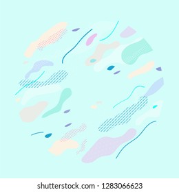 Fluid elements  in circle composition. Vector abstract background. Colorful shapes, lines and textures on blue