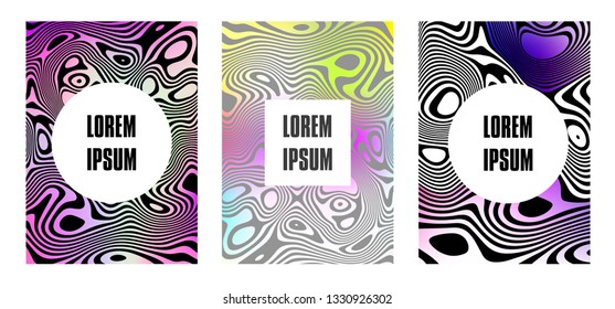 Fluid flowing colors motion effect, holographic abstract background set. Liquify Lines. Applicable for covers, brochures, flyers, presentations, banners. Vector modern illustration. 