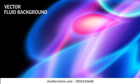 Formas geométricas fluidas y fluidas. Colores luminosos de neón sobre un fondo oscuro. Imagen vectorial borrosa moderna de moda. Efecto del brillo plasmático. Plantilla de marca de agua para texto. Afiches musicales, afiches, pancartas.