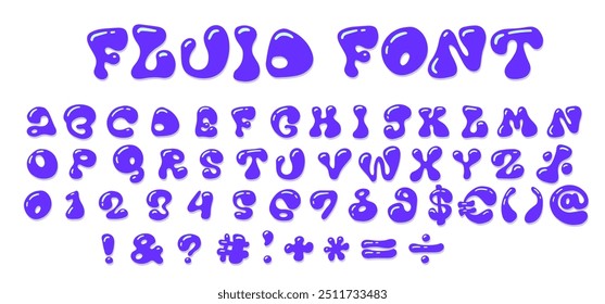 Fuente fluida - Conjunto de letras y números del alfabeto dibujado a mano. Letras Líquidas y Groovy de moda y2k. Decorativo Líquido artístico tipo ABC. Diseño de Vector plano.