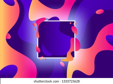 Fluid frame. Abstract colorful violet and modern purple liquid shapes. Memphis fluid composition, square shape splash gradient or geometric flux holographic 80s vector background