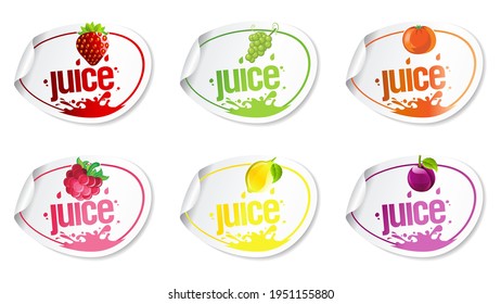 Fluid fruit juice label set of six. Strawberry, grape, orange, lemon, palm, raspberry fruits