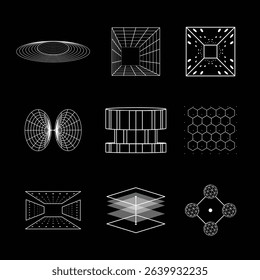 Fluid geometric shapes in a cyberpunk-inspired grid wireframe design. Perfect for futuristic themes, tech visuals, and creative projects. Modern, sleek, vector illustration. abstract shapes.