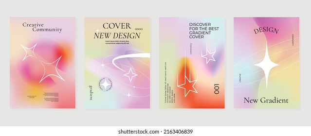 Fluid gradient background vector. Cute and minimal style posters with colorful, geometric shapes, stars and liquid color. Modern wallpaper design for social media, idol poster, banner, flyer.