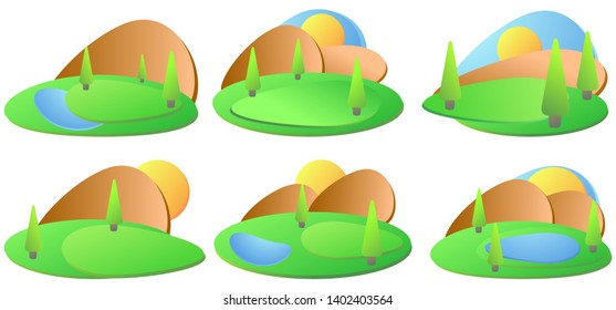 Fluid gradient design banner set. Green field the sun and the river. Summer landscape material design style. Vector illustration