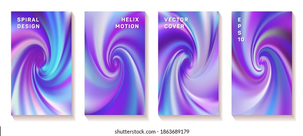 Fluid gradient helix twist cover page templates vector set. Vivid brochure front pages collection. Flyer backgrounds with fluid colors dynamic helix patterns. Torsion screw tech booklet covers.