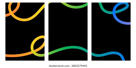 Fluid gradient line pattern. Bright rainbow swirls and curved ribbon elements on modern black bg. Squiggle rainbow shapes
