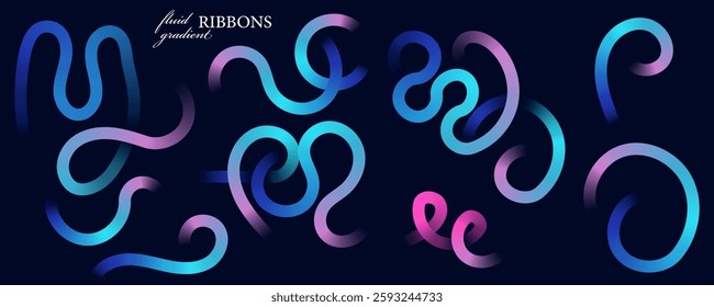 Fluid gradient ribbons with a modern, abstract aesthetic. Smooth, flowing curves in neon blue, magenta, and violet on a dark futuristic background. Perfect for tech branding, digital art, UI UX design