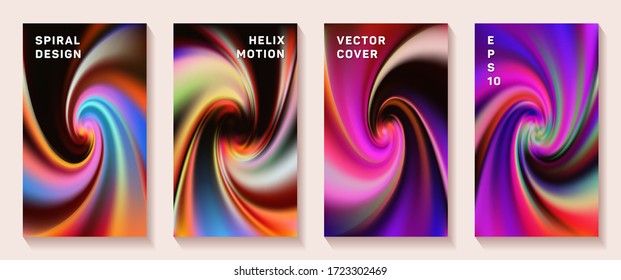 Fluid gradient spiral scroll cover page templates vector set. Modern brochure front pages collection. Flyer backgrounds with fluid colors dynamic helix patterns. Vortex spin tech booklet covers.