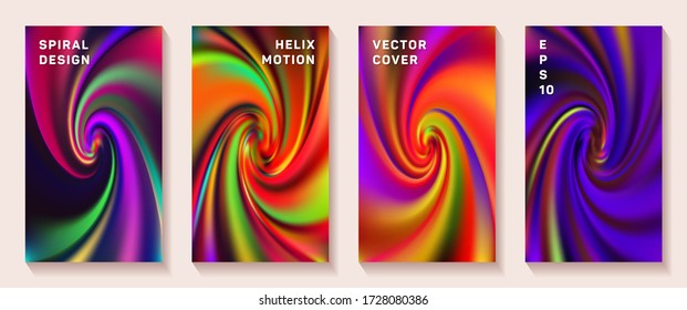 Fluid gradient spiral scroll cover page templates vector set. Soft brochure front pages collection. Banner backgrounds with fluid colors spiral motion patterns. Vortex spin tech booklet covers.