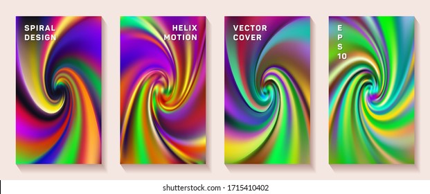 Fluid gradient spiral volute cover page templates vector set. Trendy brochure front pages collection. Poster backgrounds with fluid colors twist rotation patterns. Vortex spin tech booklet covers.
