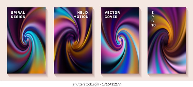 Flüssigkeitsgradienten Spiraldrehbuchsen Vektorillustration Set. Trendy Broschüre Titelseiten Sammlung. Banner-Hintergründe mit fließenden Farben Spiralbewegungsmuster. Vortex wirbelt Tech-Bücherhüllen.