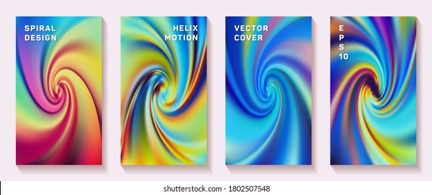 Fluid gradient spiral volute cover page templates vector set. Vivid brochure front pages collection. Poster backgrounds with fluid colors twist rotation patterns. Torsion screw tech booklet covers.