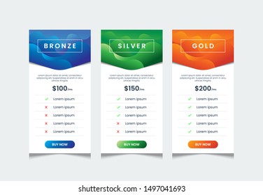 Fluid gradient style of price list with 3 tables, comparative table template, product table design template, price ui for web pricing, infographic tariff table design vector.