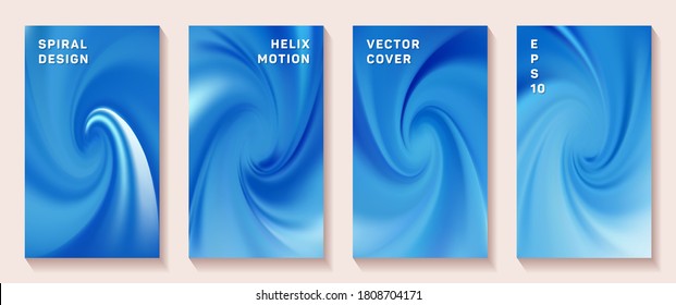 Fluid gradient swirl loop cover page templates vector set. Trendy brochure front pages collection. Banner backgrounds with fluid colors spiral motion patterns. Torsion screw tech booklet covers.