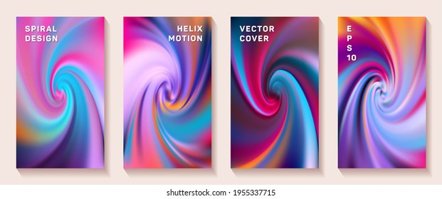 Fluid gradient swirl loop cover page templates vector set. Vivid brochure front pages collection. Flyer backgrounds with fluid colors dynamic helix patterns. Snail twirl tech booklet covers.