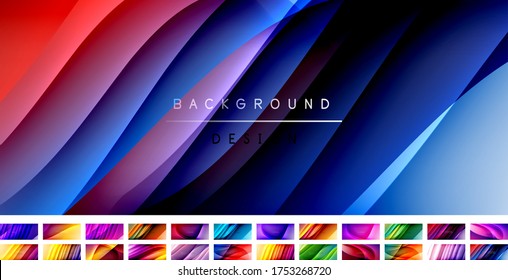 Fluid gradient waves with shadow lines, modern flowing motion abstract background set