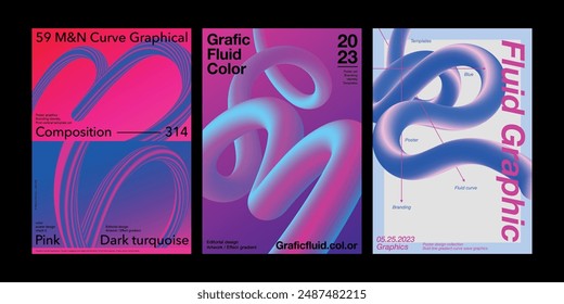 Fluid graphic design poster template set gradient pink blue flow curve wave blend vector background abstract wavy bold line shape stylish unique flyer beautiful banner fluid loop colorful layout