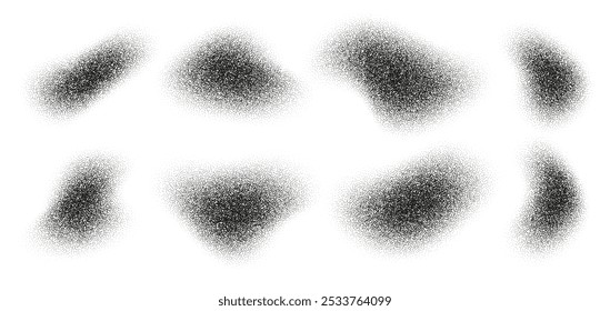 Fluid halftone shapes, abstract liquid stipple forms, black splatter shadows isolated on white. Vector design element.