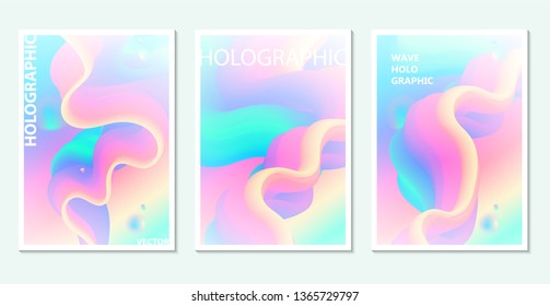 Fluid holographic color wave. Minimal liquid gradient design. Pink, blue and yellow color trendy set template. Vector