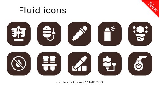 Fluid Icon Set. 10 Filled Fluid Icons.  Collection Of - Test Tube, Dropper, Eye Dropper, Spray, Chemical Reaction, Ink, Test Tubes, Eyedropper, Blood Transfusion, Florence Flask