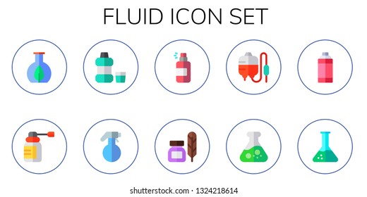 fluid icon set. 10 flat fluid icons.  Collection Of - flask, spray, mouthwash, ink, blood transfusion