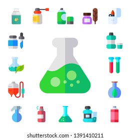 fluid icon set. 17 flat fluid icons.  Collection Of - spray, pipette, flask, blood transfusion, mouthwash, test tubes, ink, lighter