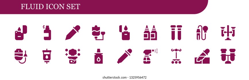 Fluid Icon Set. 18 Filled Fluid Icons.  Collection Of - Lighter, Spray, Eyedropper, Blood Transfusion, Inks, Test Tubes, Pipette, Dropper, Chemical Reaction, Eye Dropper, Test Tube