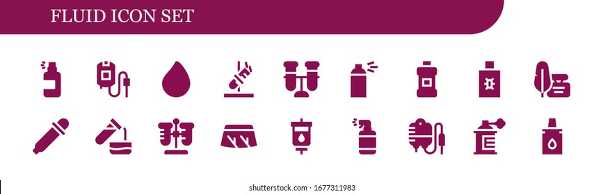 conjunto de iconos de fluido. 18 íconos de aceite rellenos.  Iconos modernos sencillos, como: Pulverizador, Bolsa de sangre, Caída de pintura, Tubo de prueba, Lámina, Tinta, Tapón para ojos, Parabrisas, Transfusión de sangre, Transfusión