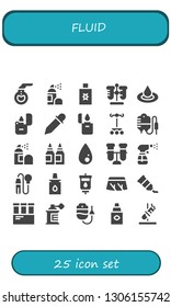 fluid icon set. 25 filled fluid icons.  Collection Of - Florence flask, Spray, Test tube, Droplet, Lighter, Eyedropper, Dropper, Transfusion, Inks, Liquify, Pipette, Blood transfusion