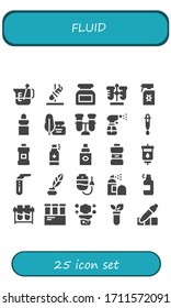 Fluid Icon Set. 25 Filled Fluid Icons.  Simple Modern Icons Such As: Beaker, Test Tube, Ink, Spray, Eye Dropper, Dropper, Mouthwash, Blood Transfusion, Test Tubes, Chemical Reaction