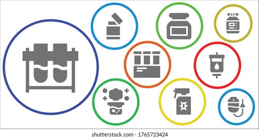 Fluid Icon Set. 9 Filled Fluid Icons.  Simple Modern Icons Such As: Test Tubes, Lighter, Ink, Chemical Reaction, Spray, Test Tube, Blood Transfusion, Dropper