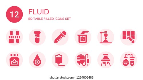 fluid icon set. Collection of 12 filled fluid icons included Dropper, Test tube, Beaker, Flask, Ink, Blood drop, Iv, Blood transfusion, Pipette