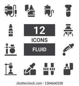 fluid icon set. Collection of 12 filled fluid icons included Lighter, Dropper, Pipette, Flask, Test tube, Blood transfusion