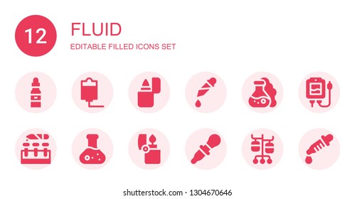 fluid icon set. Collection of 12 filled fluid icons included Dropper, Iv, Lighter, Pipette, Flask, Test tube, Iv pole, Blood transfusion