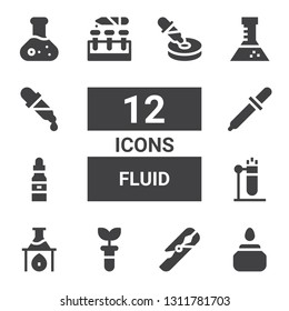 fluid icon set. Collection of 12 filled fluid icons included Ink, Test tube, Flask, Dropper, Eyedropper