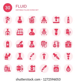 fluid icon set. Collection of 30 filled fluid icons included Test tube, Flask, Beaker, Lighter, Pipette, Blood transfusion, Dropper, Ink, Blood drop