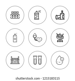 Fluid icon set. collection of 9 outline fluid icons with blood drop, blood transfusion, iv pole, test tube, test tubes icons. editable icons.
