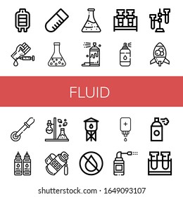 fluid icon set. Collection of Blood transfusion, Blood test, Test tube, Flask, Spray, Lava lamp, Pipette, Ink, Tube, Water tower, Intravenous saline drip, Sprays icons