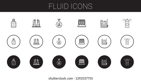 fluid icons set. Collection of fluid with correction fluid, flask, test tubes, sprayer, spray. Editable and scalable icons.
