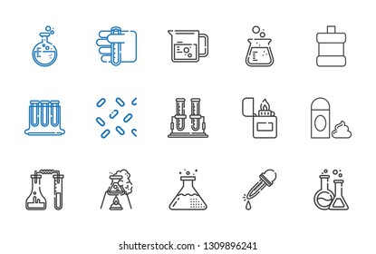 fluid icons set. Collection of fluid with flask, eyedropper, foam, lighter, test tube, sprinkles, test tubes, mouthwash, beaker. Editable and scalable fluid icons.