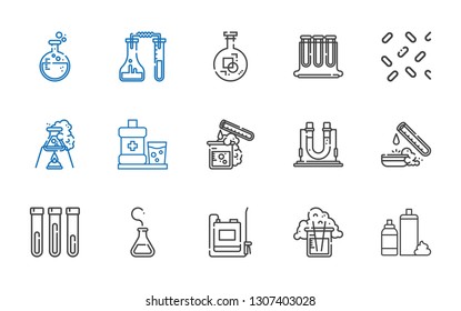 fluid icons set. Collection of fluid with foam, flask, sprayer, test tube, mouthwash, sprinkles, test tubes. Editable and scalable fluid icons.