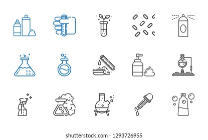 fluid icons set. Collection of fluid with mouthwash, eyedropper, flask, spray, foam, test tube, sprinkles. Editable and scalable fluid icons.