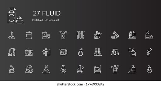 fluid icons set. Collection of fluid with mouthwash, sprayer, flask, test tube, beaker, foam, spray, lighter, pipette. Editable and scalable fluid icons.