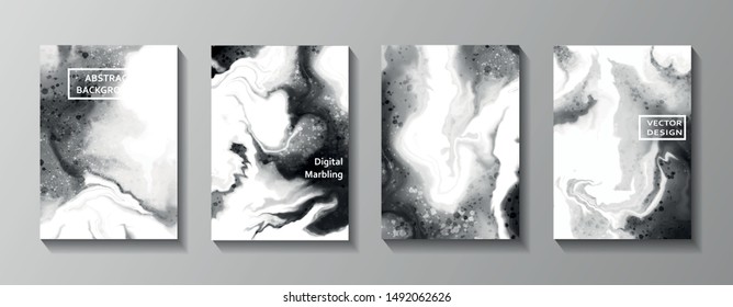 Fluid ink marble texture set. Vector black and white abstract background with fume. Set of cards for print and web design